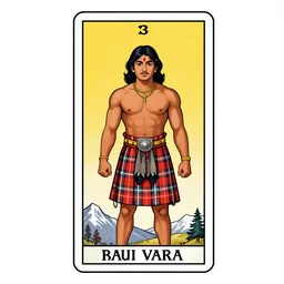 a symmetrical homoerotic tarot card of a muscular shirtless desi adventurer wearing a scottish tartan kilt on a snowy mountain peak, by raja ravi varma. he has a wooden staff, cowboy hat, and boots. background is a stained glass golden sunrise. art deco, art nouveau. by louis comfort tiffany, by albert bierstadt. trending on artstation.