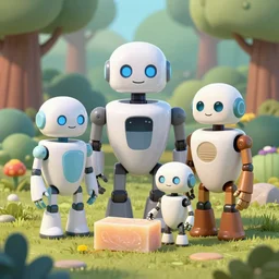 ( ( ( ( ( a robot family in the forest garden with soap bubbles, pop art ) ) ) ) ) by andy warhol and bill sienkiewicz!!!!!!!!!!!!!!!!!!!!!!!!!!!!!!