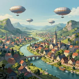 landscape airships circling a fantasy town at a distance with a stream running through it and mountains in the distance in the style of andreas rocha