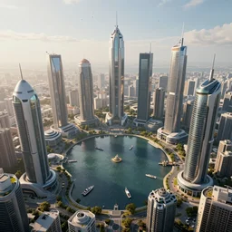 various futuristic skyscrapers, small lake in the middle with many boats and yachts, small distant birds, artstation, digital art, photorealistic, hyperdetailed, beautiful, epic scene, dramatic lighting, aerial view,