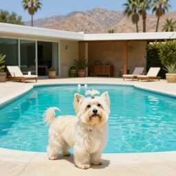 a cream colored havanese dog at the swimming pool at a mid century modern house in palm springs by david hockney