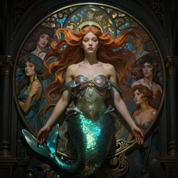 stunning, breathtaking, awe-inspiring award-winning realistic concept art face portrait of mermaid Ashley Liao as a goddess, by Alphonse Mucha, Ayami Kojima, Amano, Charlie Bowater, Karol Bak, Greg Hildebrandt, Jean Delville, and Mark Brooks, Art Nouveau, Neo-Gothic, gothic, rich deep colors, cyberpunk, extremely moody lighting, glowing light and shadow, atmospheric, shadowy, cinematic, 8K