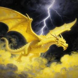 A beautiful, highly detailed, very realistic, very vibrant, oil painting of a huge ancient Lightning Dragon with lots of light yellow scales flying around clouds glowing bright yellow in the middle of the pitch black sky during a huge lightning storm, in the middle of the night. Light yellow, and bright yellow color scheme, realistic.