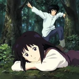 anime visual portrait of a young female traveler in a forest resting, cute face by ilya kuvshinov, yoh yoshinari, dynamic pose, dynamic perspective, cel shaded, flat shading mucha, rounded eyes, moody, psycho pass, kyoani, paprika