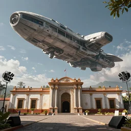 tehotihuacan, with a giant space ship in the sky, unreal 5, hyperrealistic, realistic, photorealistic, dynamic lighting, highly detailed, cinematic landscape, studio landscape, studio lighting