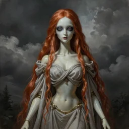 ultra realist and ultra intricate detailed soft painting of a beautiful steampunk porcelain muerte doll covered in long drapes,  thin lustrous long auburn hair, symmetry features, sensual gloomy style, volumetric clouds, cinematic, 8k resolution, photorealistic, digital painting, dark atmosphere, artstation, concept art, sharp focus, fantasy background, artstation trending, octane render, unreal engine