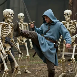 a medieval man, with a light blue hood, kicking skeletons with swords, 1 9 9 1, movie still