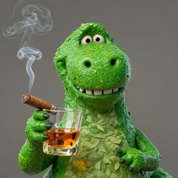 barney from barney the dinosaur drinking whisky and smoking a cigar, portrait art by donato giancola and greg rutkowski, realistic face, digital art, trending on artstation