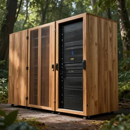 photo from a forest data center where the servers are made of wood, cinematic lighting, hyper realism, octane render, 8 k, hyper detailed.