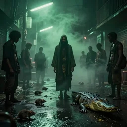 voodoo people film clip by the prodigy, cyberpunk, creole, dark magic, green whispy fog, street scene, fluorescent street lights, dirty rats, alligator shaman, faint feeling of doom, wet asphalt, reflected light, sullen bystanders, detailed render, gloomy, ray traced shadows, ray traced reflections, trending on deviantart, dlss, volumetric fog, volumetric light, 8 k