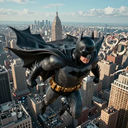 realistic wide angle photo, of Batman flying in the city, Moebius and Giger, greg rutkowski, very coherent, cinematic, hyper realism, high detail, vivid colors, octane render, unreal engine, 8k, Smooth gradients, High contrast, depth of field by Jacek Yerka