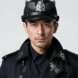 classy classy elegant sophisticated very up close portrait of a middle aged male policeman, pale skin, stubble, black windbreaker ， eagle's eyes ， ryuichi sakamoto, ultra detailed wire decoration, fantasy art by nixeu and guweiz and ilya kuvshinov, sleek curves, intricate sharp focus, trending on artstation hq, deviantart, pinterest, unreal