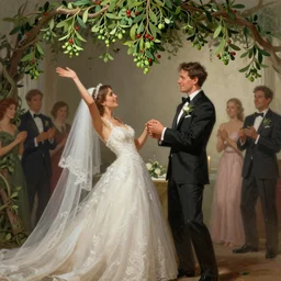 a couple getting married under the mistletoe celebration freedom excitement intricate, elegant, highly detailed, digital painting, artstation, concept art, sharp focus, illustration, by justin gerard and artgerm, 8 k