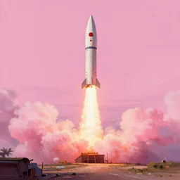 a beautiful matte painting of a scenic environment with an intercontinental ballistic missile being launched, trending on artstation, epic anime style, painted by bob ross, pink color scheme