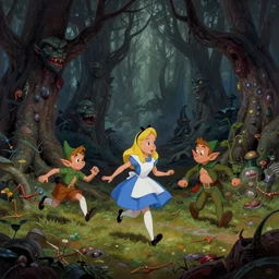 a scene of cartoon elves running through a clearing in a dark fantasy forest surrounded by darkness and monster trees. hyperrealist illustration. muted colors. 1 9 7 0's pulp science fiction and fantasy cartoon for alice in wonderland and wizard of oz. highly detailed and richly colored painting by don ivan punchatz and basil gogos. trending on artstation