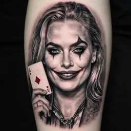 tattoo design of beautiful margot robbie with a little smile with joker makeup and holding ace card, in the style of den yakovlev, realistic face, black and white, realism tattoo, hyper realistic, highly detailed