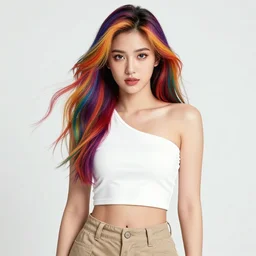 a award winning portrait of a beautiful woman with stunning eyes in a one off shoulder croptop and cargo pants with rainbow colored hair, outlined by whirling illuminated neon lines and fine lines swirling in circles by jesper ejsing and rhads and makoto and shinkai and lois van baarle, digital art, trending on artstation