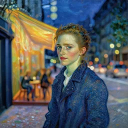 an impressionist portrait painting of emma watson by van gogh, paris cafe at night with city lights bokeh background,!!! shallow depth of field!!!, canon 5 0 mm!! tilt - shift!! lens f 1. 2