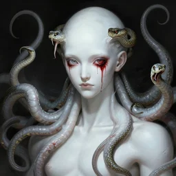 male medusa, highly detailed, digital painting, bloody eyes, snakes, white skin, artstation, concept art, smooth, sharp focus, illustration, art by artgerm and greg rutkowski and alphonse mucha