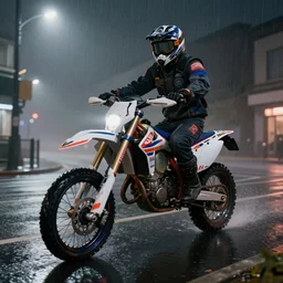 highly detailed, photo realistic, drz 4 0 0 s at night in the rain driving on a city street, dense fog, unreal engine, by greg rutowski, by stanley artgerm, by alphonse mucha