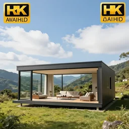 minimalist glass house, living room design, in valley, summer, sunny, clouds, beautiful, 4 k, hd, award winning, professional