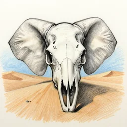 a black pen sketch of a skull in a desert, beginner, pencil, intermediate art, anatomy, paper art, pencil, bold lines, cyberpunk based, elephant skull, the desert is in color pencil