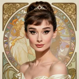 Audrey Hepburn as God of Beauty, cute, fantasy, intricate, elegant, highly detailed, digital painting, 4k, HDR, concept art, smooth, sharp focus, illustration, art by alphonse mucha,artgerm, H R Giger