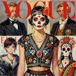 vogue magazine, elle magazine, vintage roaring 2 0 s flapper, mexican day of the dead, greg rutkowski, john singer sargent, anime, trending on pixiv, oil painting, crop top, intricate