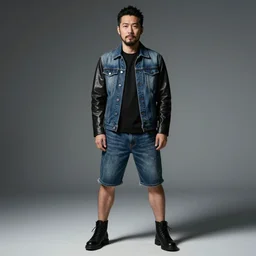 japanese man with beard wearing short denim and leather clothes, full body portrait, dynamic lighting