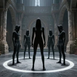 5 black hooded humanoid super - tall and slim figured standing around a white circle drew on the floor of an ancient castle cold room