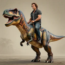danny trejo riding the dinosaur, realistic image, high definition, trending, sharp lines, detailed background