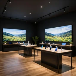 copic marker, gouache, artistic, atmospheric stylized lighting!!!!!!!!!! ( ( ( ( ( ( ( ( ( ( serious grounded balanced muted flagship samsung store, black walls. timber floor. low ceilings with spots. curved furniture, with large digital screen. display tables with phones and tablets, pots with plants, large digital screens on the walls ) ) ) ) ) ) ) ) ) )