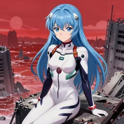 ! dream anime art, anime key visual of elegant young female rei ayanami, long blue hair and large eyes, finely detailed perfect face, in a modern skintight plugsuit, sitting upright on a ruined building, flooded metropolis in ruins, red sea, background blur bokeh!!, trending on pixiv fanbox, studio ghibli, extremely high quality artwork