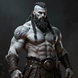 a tall muscular man with grayscale skin, with a full black beard, barbarian with white skin, short hair on sides of head, long braided hair on top of head, tribal tattoos on head and chest and back, short hair on sides, medieval era, full body, style by donato giancola, wayne reynolds, jeff easley dramatic light, high detail, cinematic lighting, artstation, dungeons and dragons