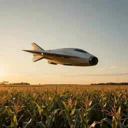 wide shot of a tall and thin greebled sharp angled spaceship hovering in the air 6 feet above a cornfield, late afternoon, golden hour, dramatic lighting, cinematic, highly detailed, smooth, sharp focus, concept art by greg rutkowski and artgerm and syd mead