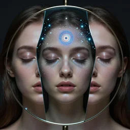 a mirror Realities hidden behind closed eyes locked up in The Divine Trinity of Mind ,space & time 4k very intriguing Sapiential Divine A.i Assistance ultra high quality surrealism