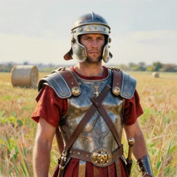roman soldier, in a field, colored pencil, colorful, soft lighting, contre - jour, grass, hay - bale, in a symbolic and meaningful style