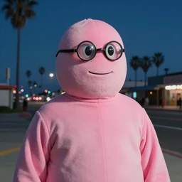 Jerma as Pink Guy, dressed as Pink Guy, in a Pink Guy Costume, on the streets, sun shining, fish lens, nostalgic, realistic, 4k resolution, detailed face, 4k, 8k, 8k resolution, 8k resolution face, hyperrealistic, cool, on the boardwalk of a beach in L.A, mid 2000s, at night, nighttime, dark