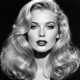 stunning award - winning portrait of a beautiful sad blonde woman by herb ritts. long curly glossy hair. retro makeup. vintage glamour. glossy dark lips. supermodel. high fashion black and white photography. vogue. canon 5 0 mm f / 1. 6