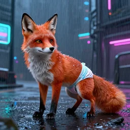 comic fox wearing a diaper in a cyberpunk world rainy weather neon glow