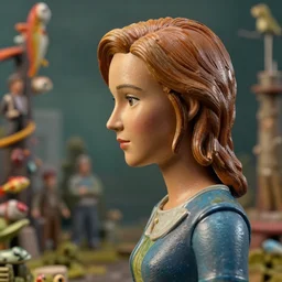 closeup profile portrait of a tin toy jenny agutter from logan's run, nicoletta ceccoli, mark ryden, lostfish, max fleischer, depth of field, detailed and intricate environment, 8 k resolution, hyperrealistic, octane render