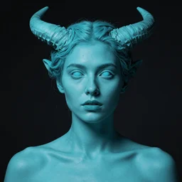 women whose skin is colored cyan, have horns, and eyes are completely void, by donato giancola.