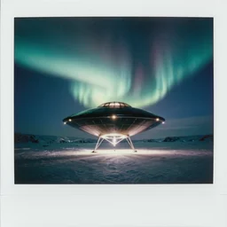 polaroid photo of a clear UFO encounter in the artic, large black triangle with lights in each corner, aurora borealis, HD scan,