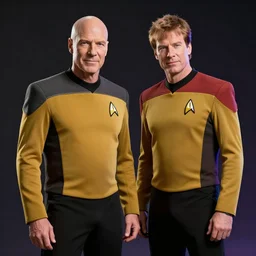 super realistic 8k render of Star Trek TNG Captain Picard and Riker in Pride Parade Rainbow Flag Uniforms + dramatic composition