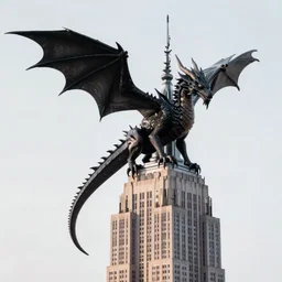 photo realistic picture of a black dragon perched on the empire state building. sunrise. photo.