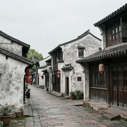 wuzhen, zhejiang, yanhe old street jiangnan water town, chinese ancient street, scattered ancient buildings, famous residence, by architect and authority on the history of chinese architecture and lin huiyin and chen congzhou, trending on artstation