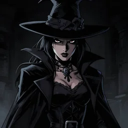 neo - noir, cell shaded, portrait of a woman magician, dark background, epic lighting, color, detailed, very thick black line art, dark shadows, sharp edges, artstation, photoshop, trending, grunge, high contrast, octane render, cartoon, graphic novel, dark background, jim lee, mike mignola
