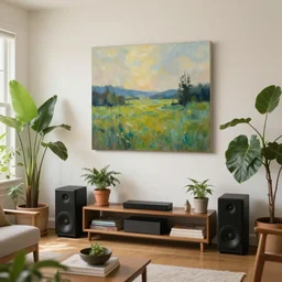 ! dream a living room with plants and speakers and a painting on the wall, a photorealistic painting by mollie forestier - walker, featured on tumblr, light and space, sanctuary, soft light, aesthetic