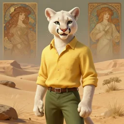 Character portrait of a smiling furry anthro albino mountain lion wearing a yellow button-down shirt and olive green slacks in the desert wilderness, intricate, elegant, highly detailed, digital painting, artstation, concept art, smooth, sharp focus, illustration, art by Krenz Cushart and Artem Demura and alphonse mucha