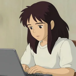 guy with long black hair using a laptop, tan skin, looking down, art by hayao miyazaki, studio ghibli film, twitter pfp